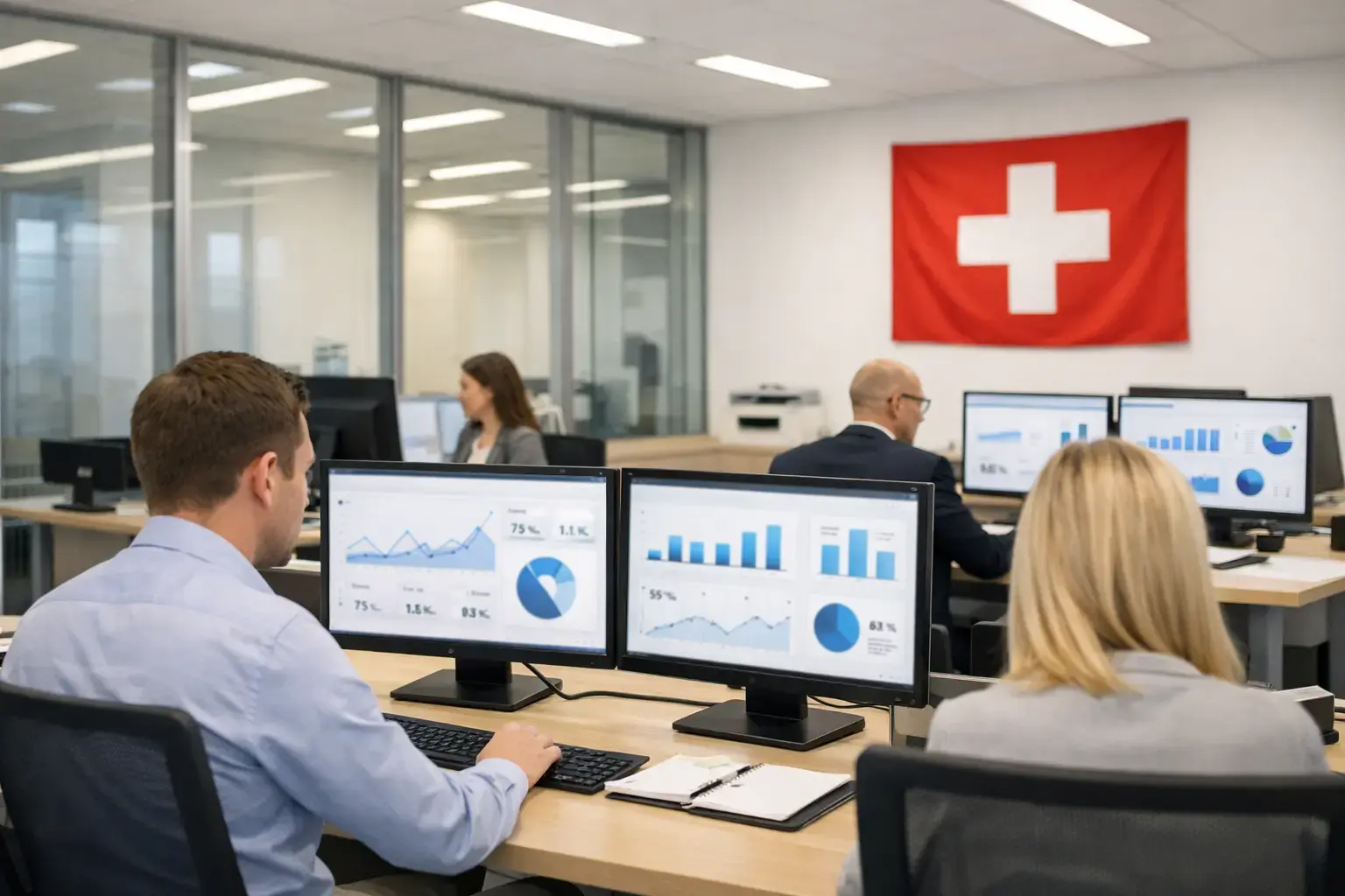 Modernes Büro einer Schweizer Aufsichtsbehörde mit Mitarbeitern