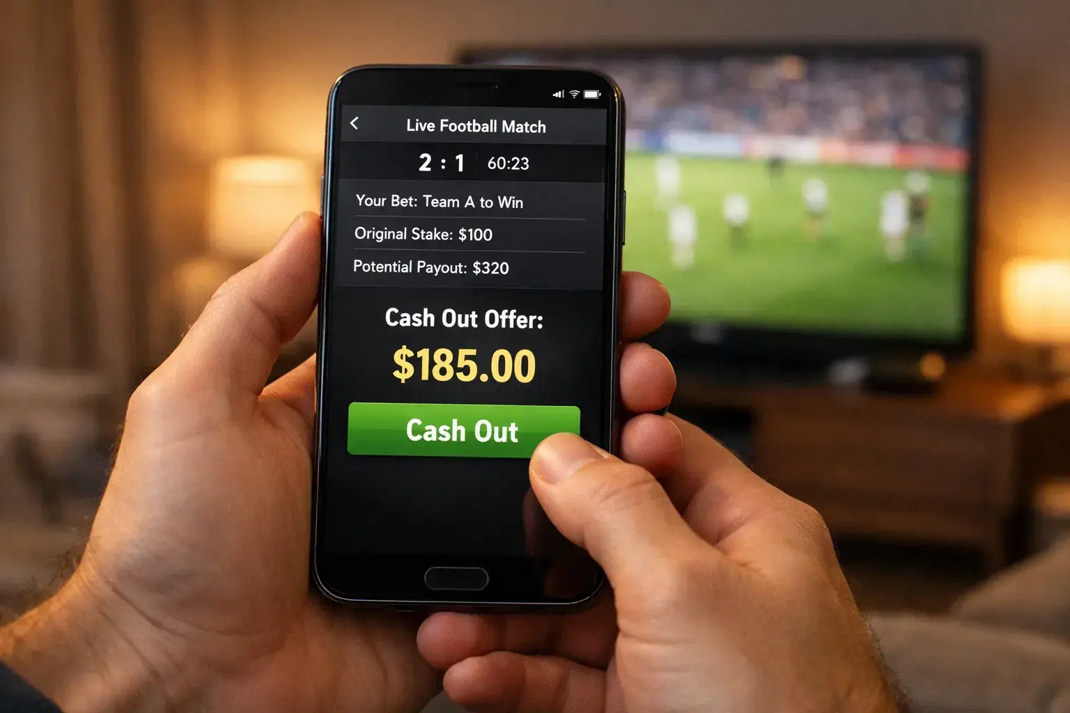 Smartphone-Bildschirm zeigt Cash-Out-Option bei einer laufenden Sportwette