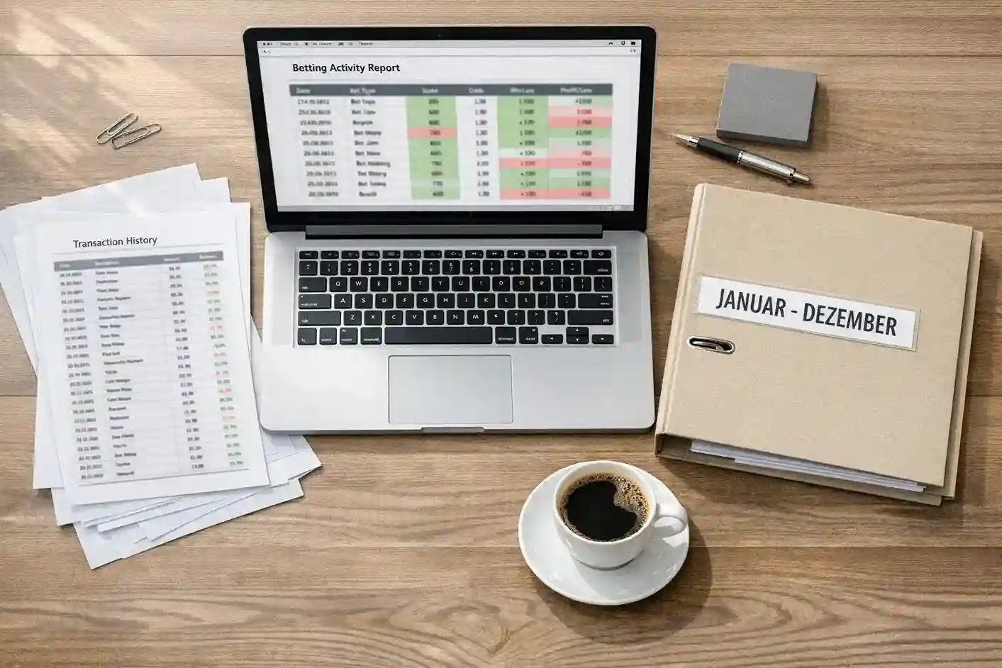 Ordentliche Buchfuehrung mit Tabelle zu Wettgewinnen und Belegen