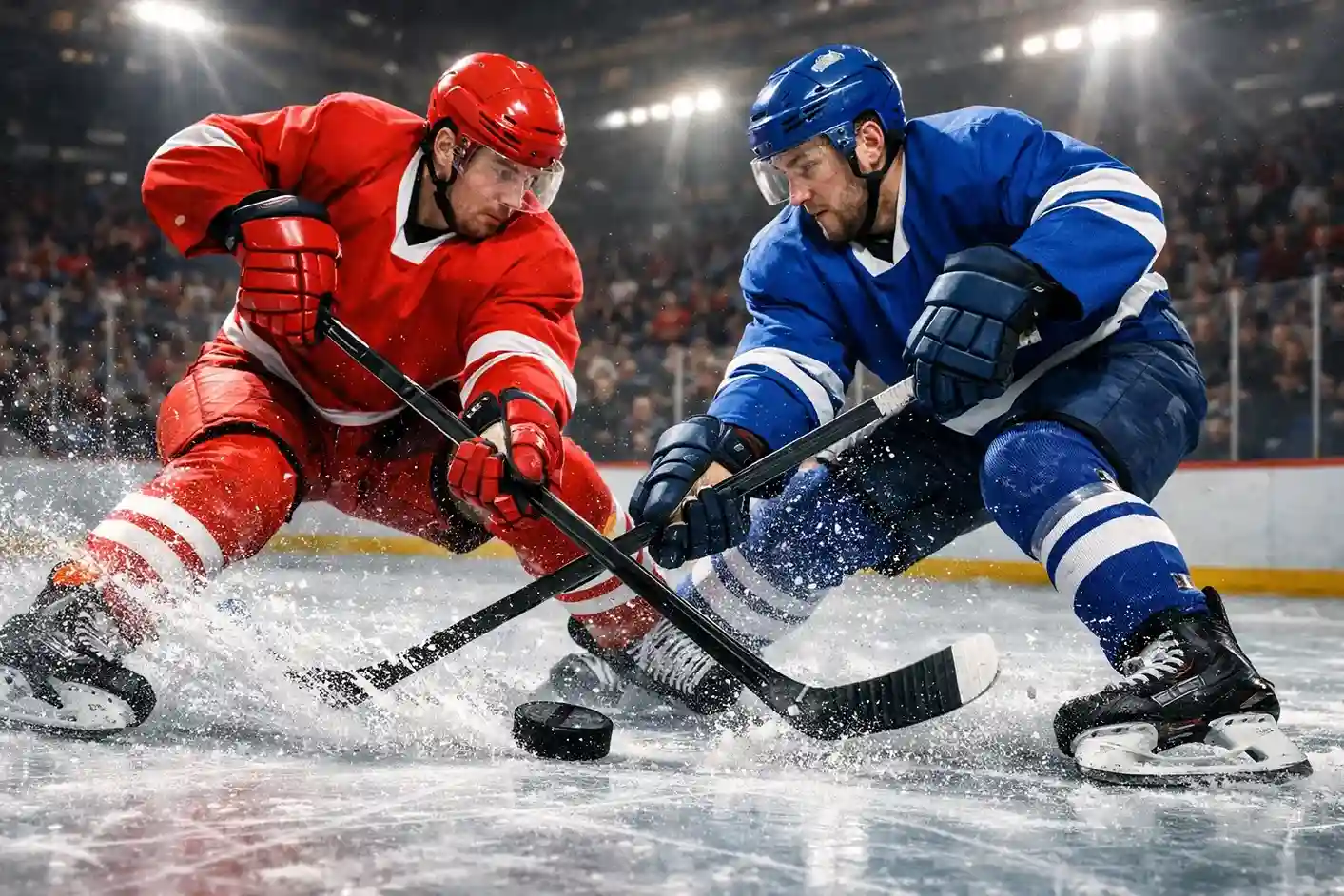 Eishockeyspieler im Zweikampf während eines Spiels der Schweizer National League