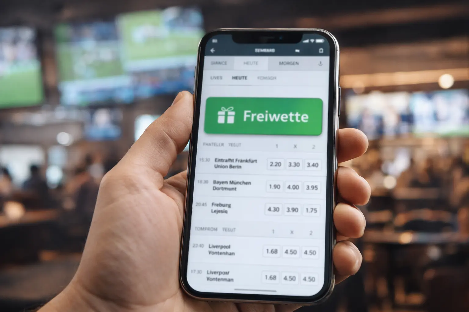 Smartphone zeigt Freiwetten-Gutschein in einer Sportwetten-App
