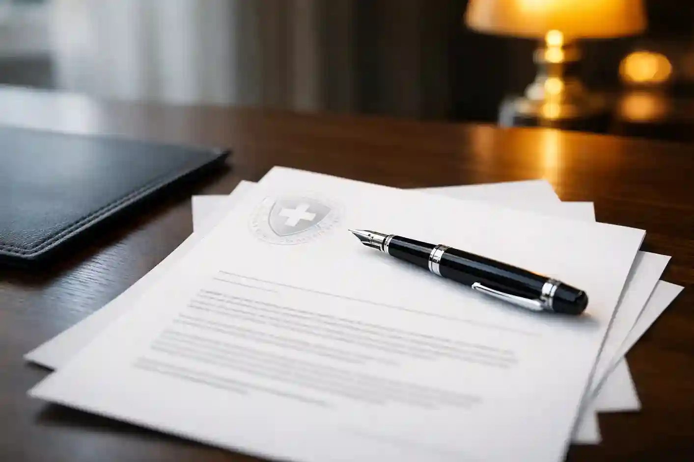 Offizielle Schweizer Gesetzesdokumente auf einem Schreibtisch mit einem Stift