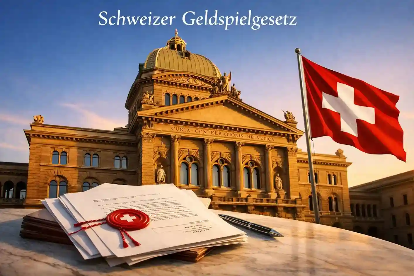 Schweizer Parlamentsgebäude mit Flagge und Gesetzestexten