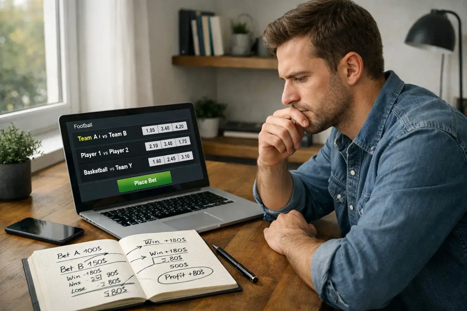 Person analysiert Wettoptionen auf Laptop mit Notizen zur Absicherungsstrategie