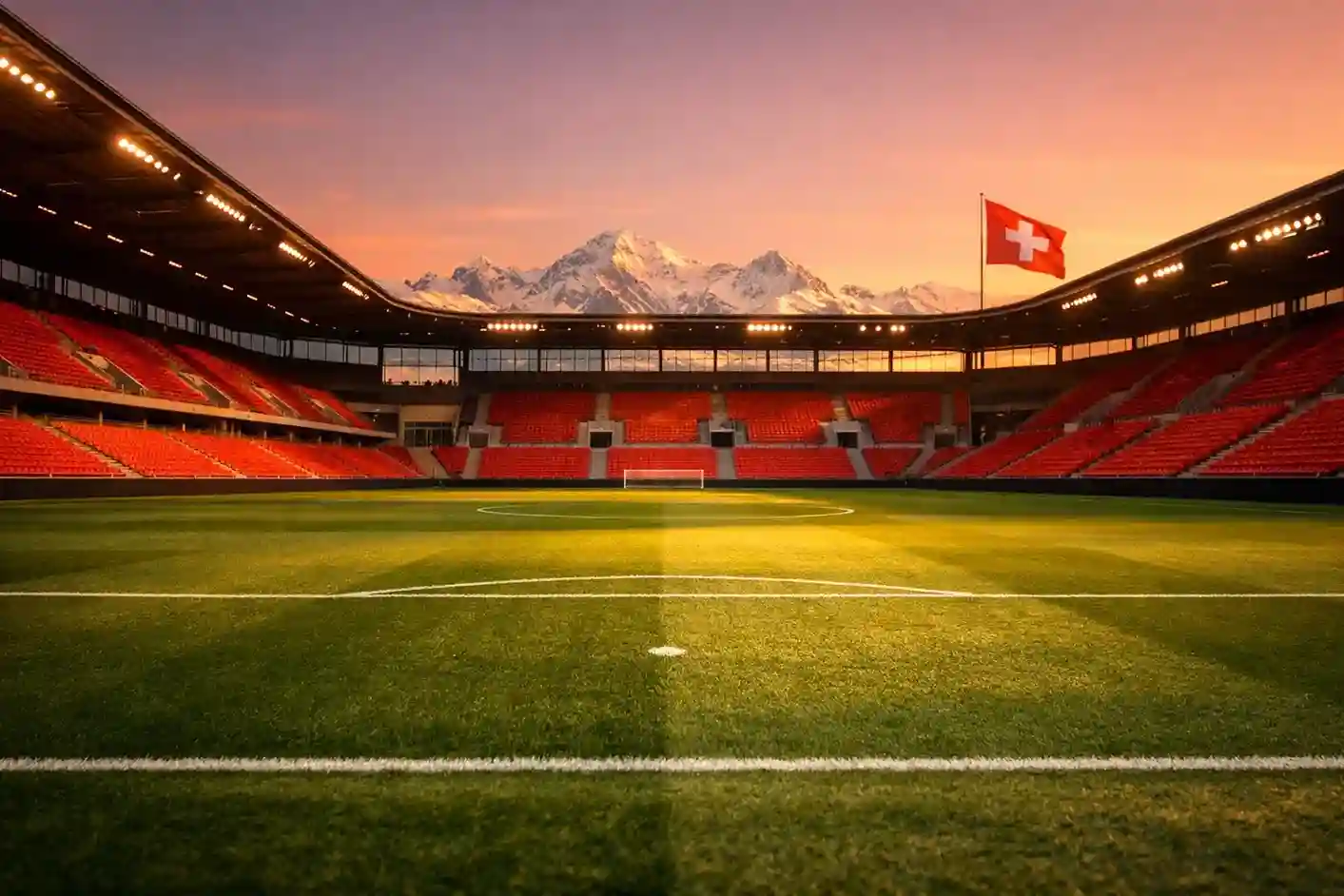 Fussballstadion in der Schweiz mit Blick auf die Alpen bei Sonnenuntergang