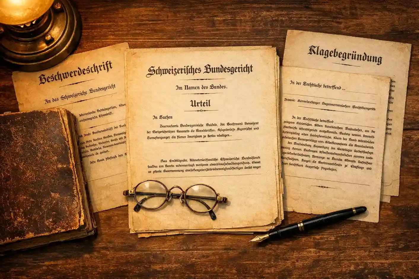 Historische Dokumente und alte Gesetzestexte auf einem Schreibtisch