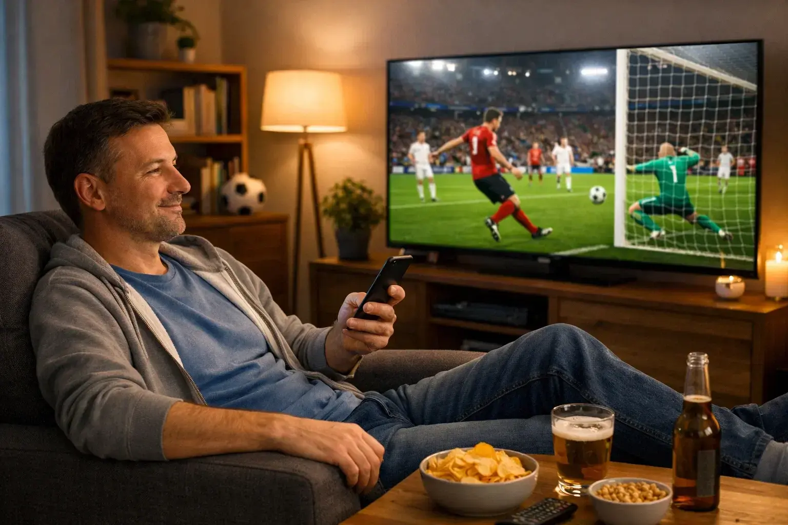 Sportfan schaut entspannt ein Spiel mit Smartphone in der Hand