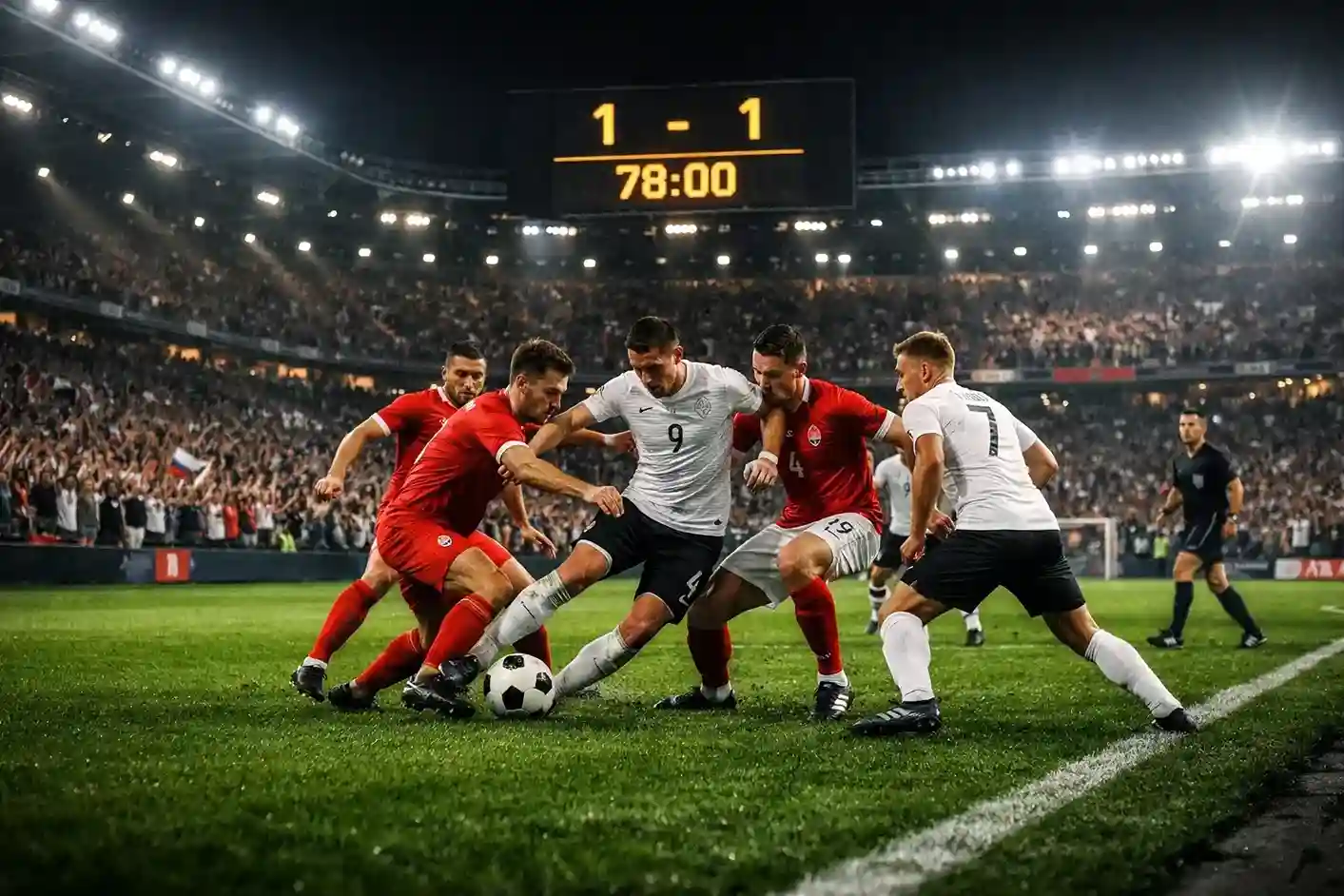 Fussballspiel im Stadion mit Live-Anzeigetafel und spannender Atmosphaere