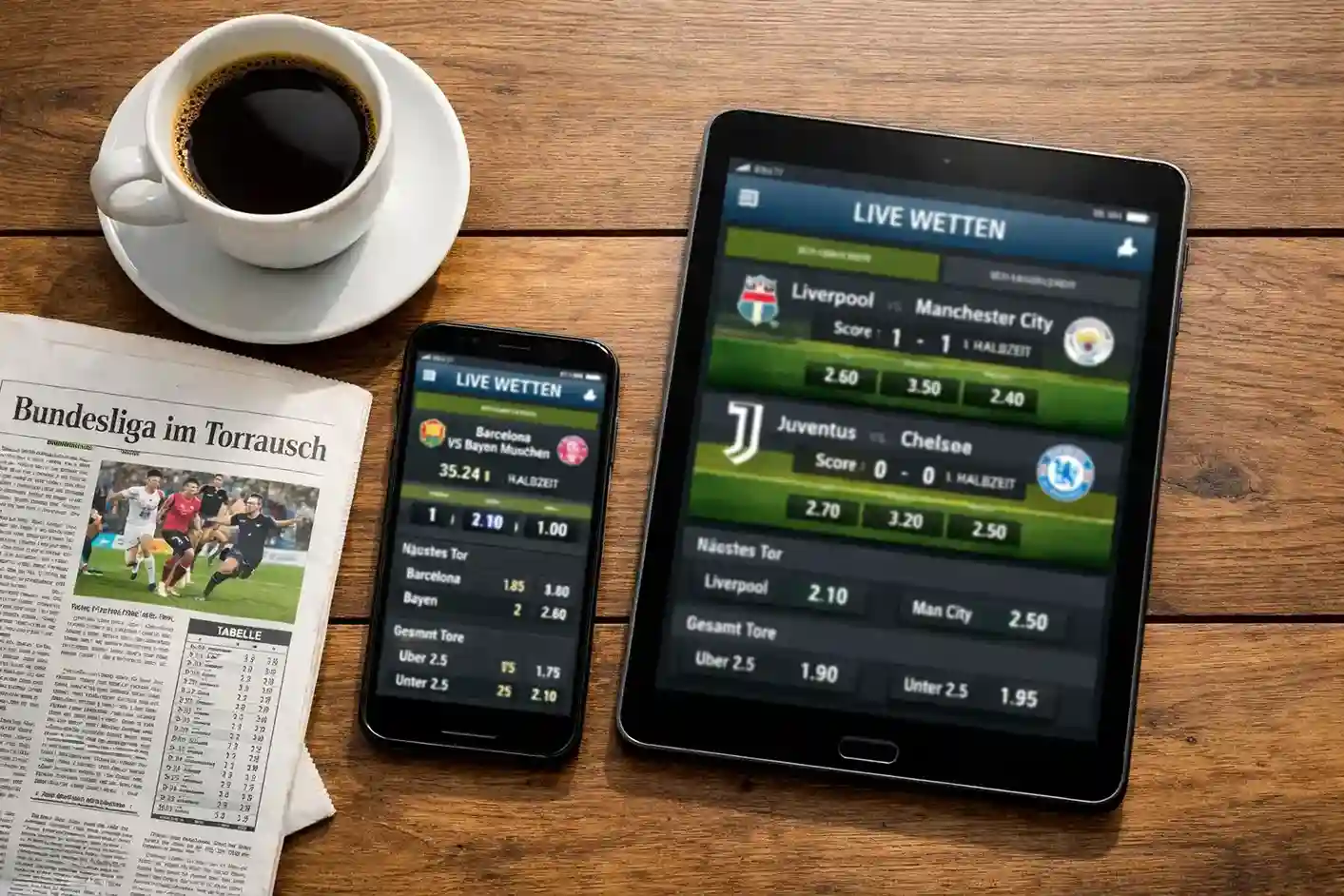 Smartphone mit Sportwetten-App neben Tablet mit Live-Spielübersicht