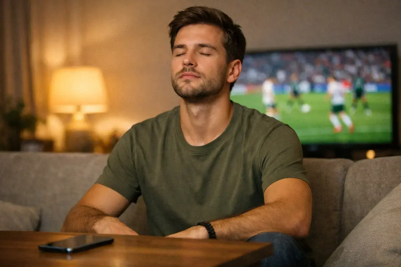 Nachdenklicher Sportwetten-Fan kontrolliert seine Emotionen waehrend eines Spiels