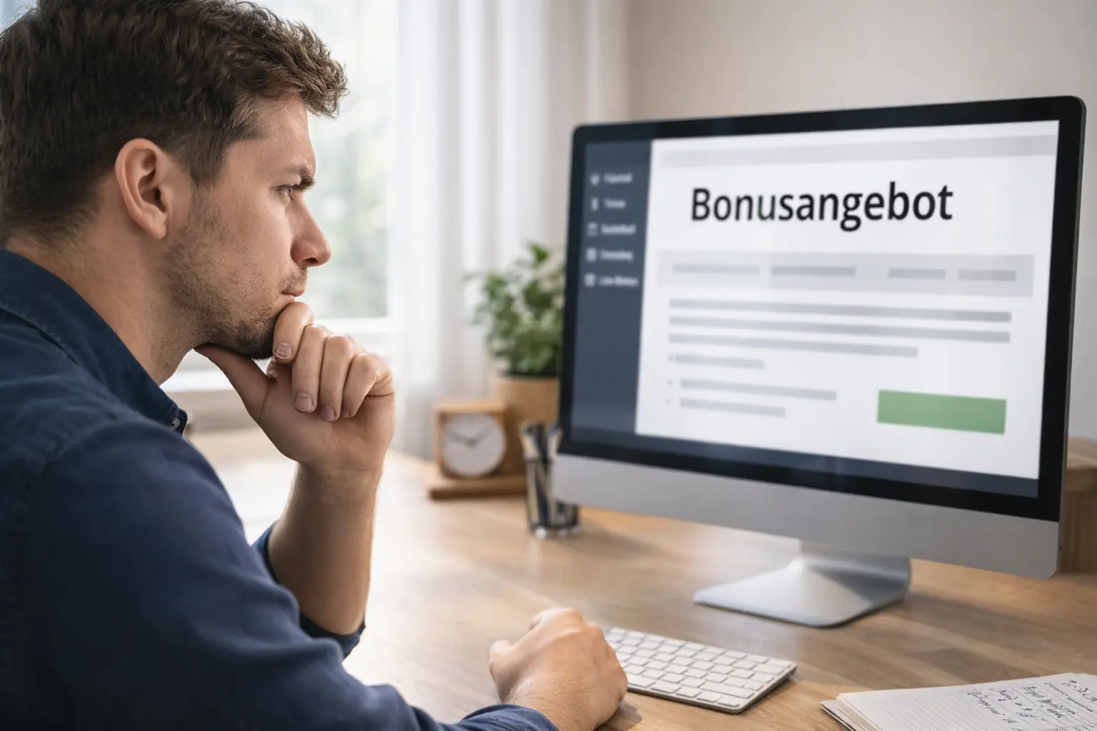 Nachdenklicher Spieler vor dem Bildschirm wägt Bonusangebot ab
