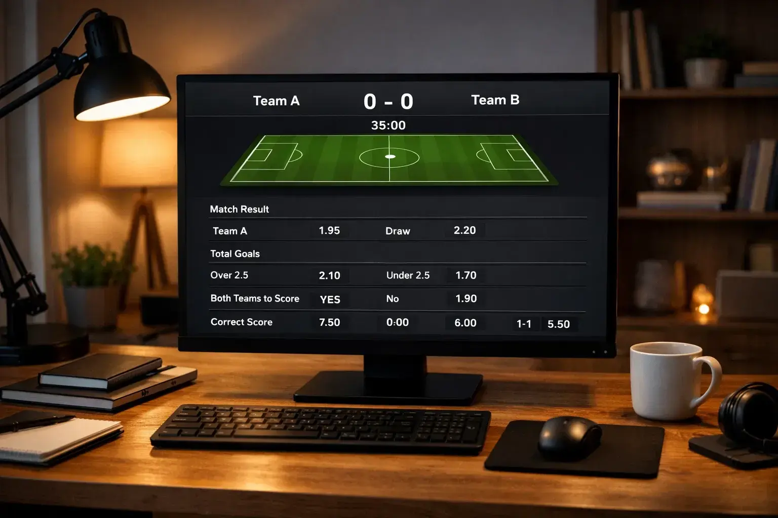 Bildschirm mit Echtzeit-Quotenanzeige waehrend eines Fussballspiels