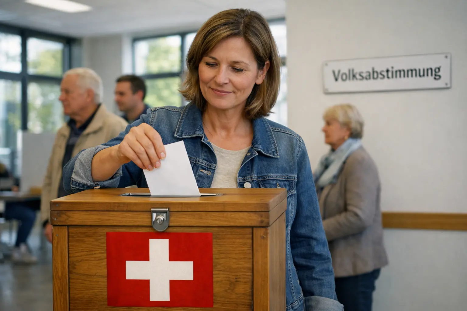 Schweizer Bürger bei der Stimmabgabe an einer Wahlurne