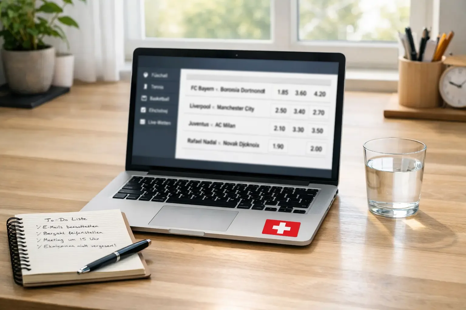 Schweizer Wettanbieter Plattform auf Laptop mit Schweizer Flagge im Hintergrund