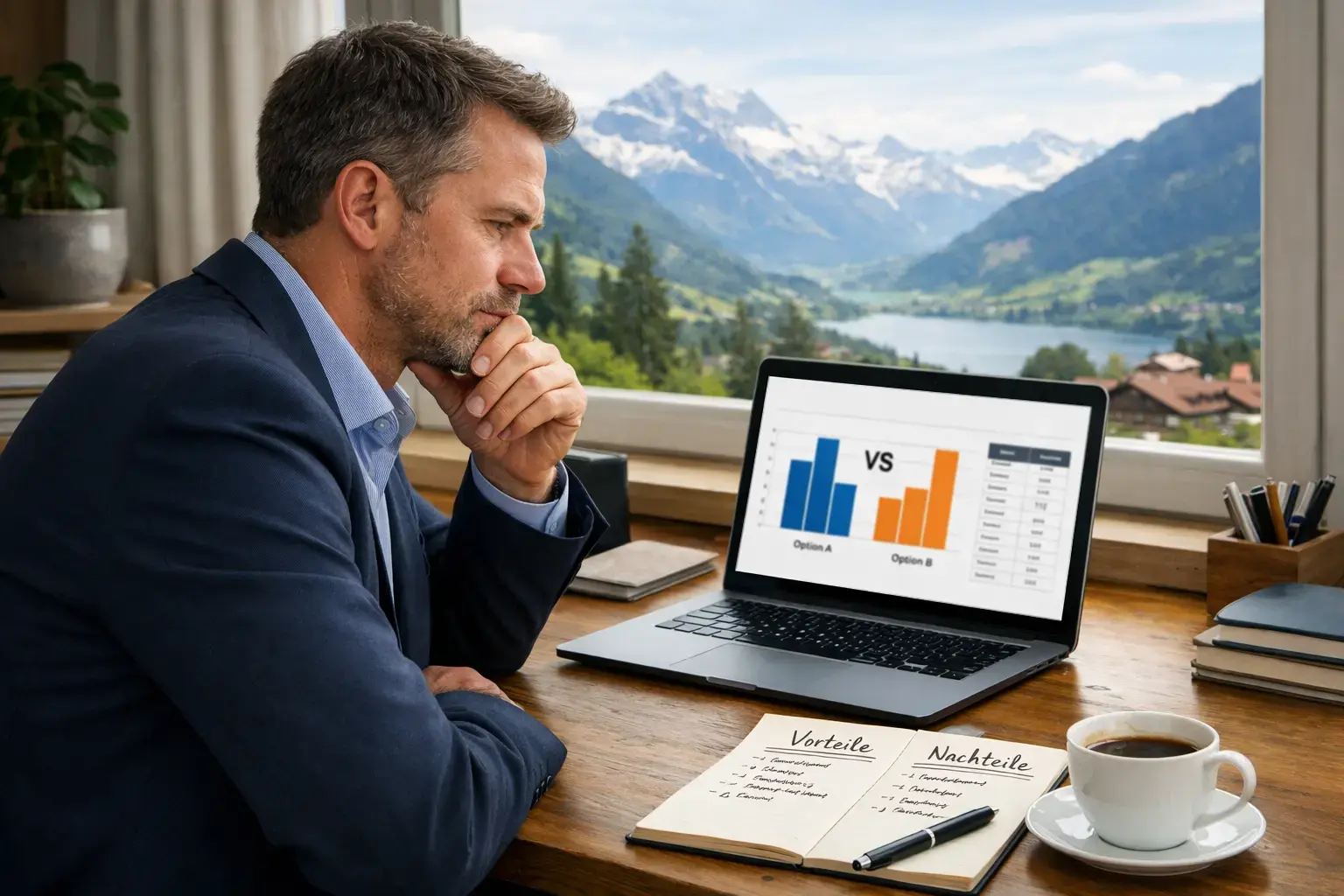 Person am Schreibtisch wägt Optionen ab mit Notizen und Laptop
