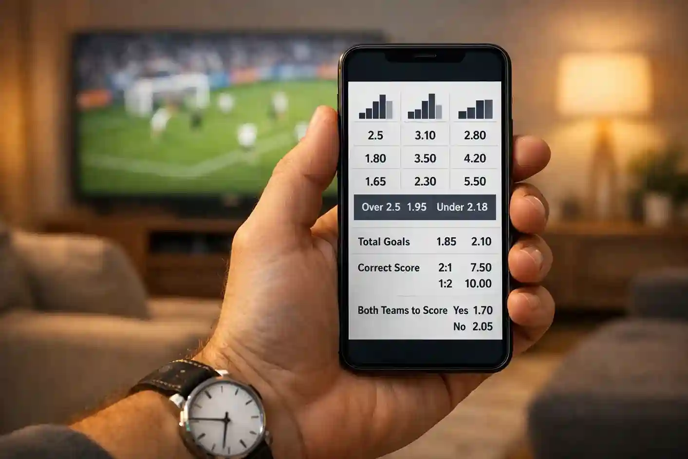 Hand hält Smartphone mit Sportwetten-App vor einem Fernsehbildschirm mit Fussballspiel
