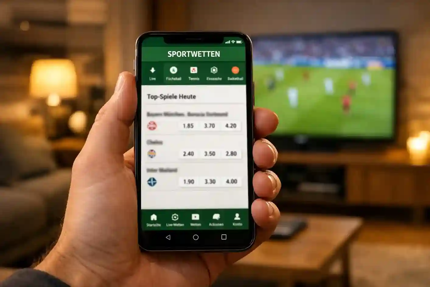 Sporttip App auf Smartphone mit Schweizer Fussballspiel im Hintergrund