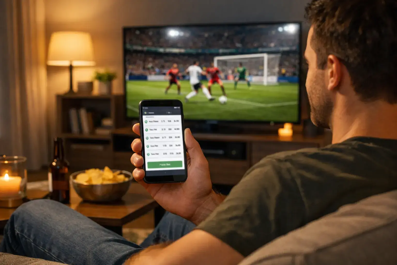 Person schaut Fussballspiel und hält ein Smartphone mit Wett-App