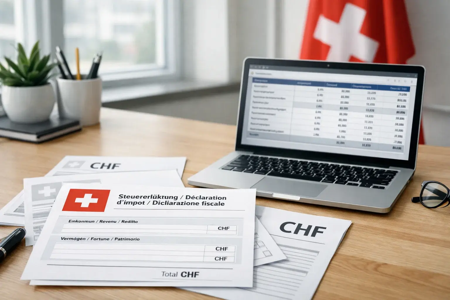 Schweizer Steuerformular mit Taschenrechner und Schweizer Franken Symbolik
